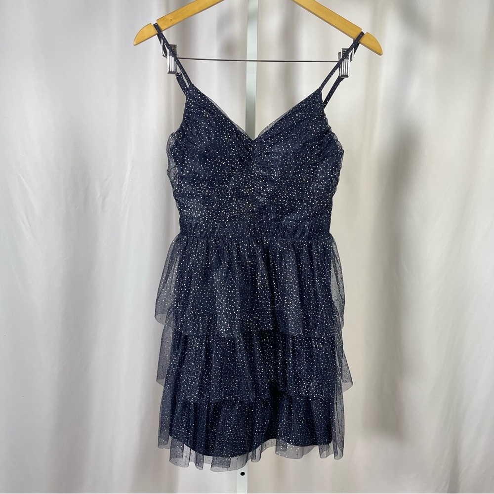 City Studio Navy Juniors 7 Navy Blue Ruffle Tiered Ruched Shimmer Mini Dress